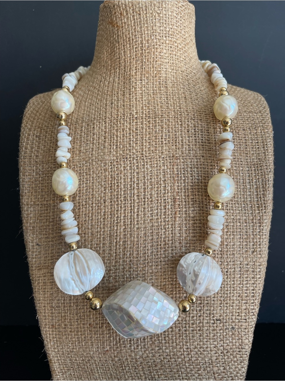 Elegant White Mother-of-Pearl & Gold Beaded Necklace